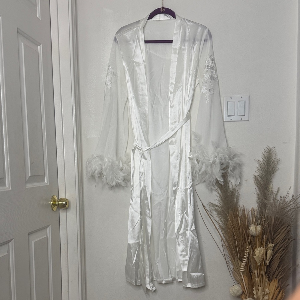 Luxurious Satin Robe with Feather Cuffs